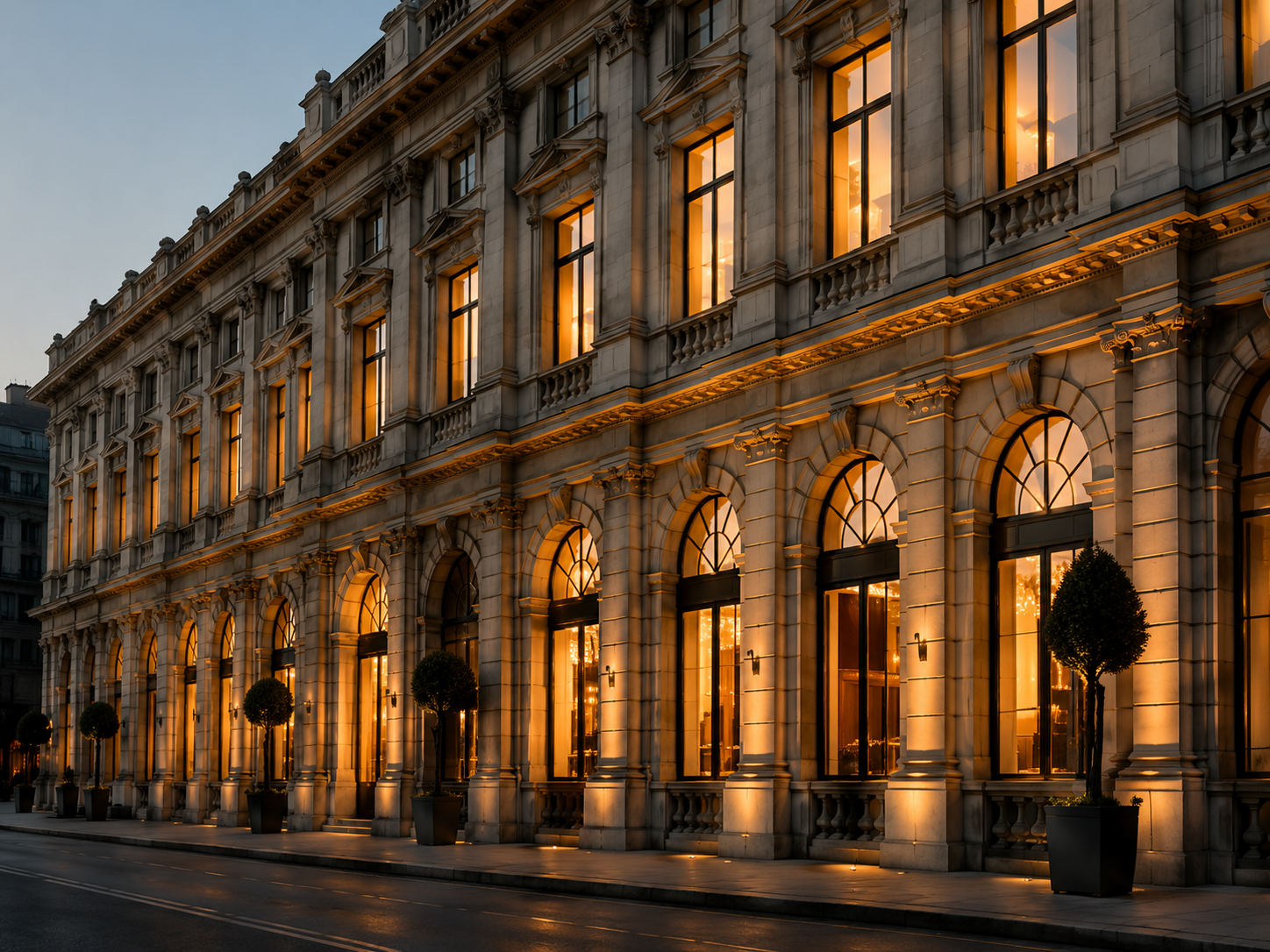 Palazzo storico europeo illuminato all'imbrunire