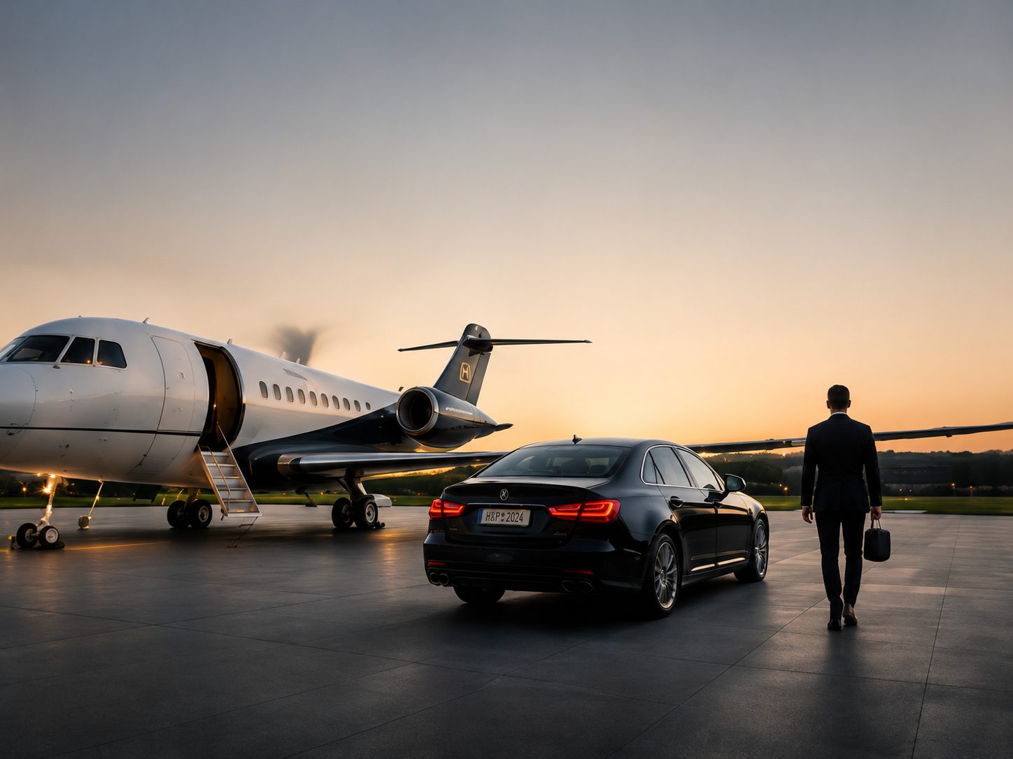 Jet privato e auto di rappresentanza al tramonto