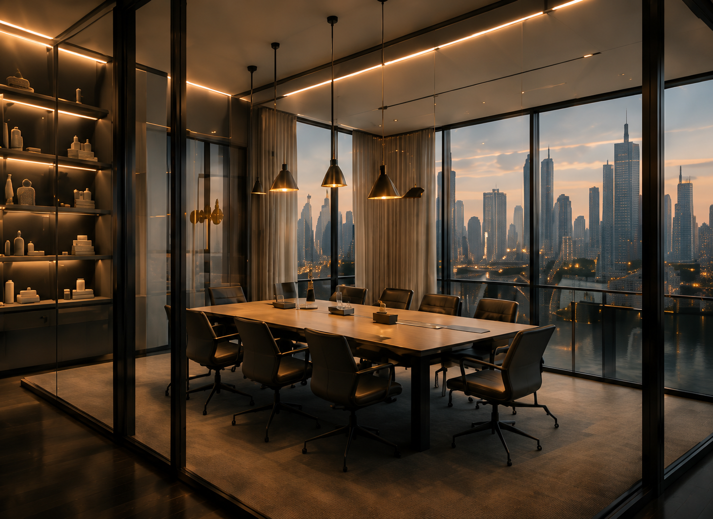 Sala riunioni esecutiva con vista sullo skyline al crepuscolo
